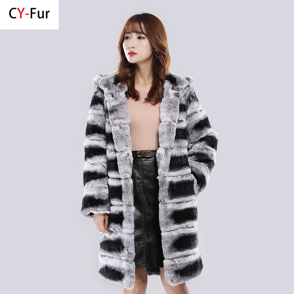 

New Real Fur Coat With Hood Jacket Long Winter Coat Large Fur Hood Rex Rabbit Chinchilla Fur Hooded Jacket Women Real Fur Coat