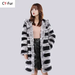 New Real Fur Coat With Hood Jacket Long Winter Coat Large Fur Hood Rex Rabbit Chinchilla Fur Hooded Jacket Women Real Fur Coat