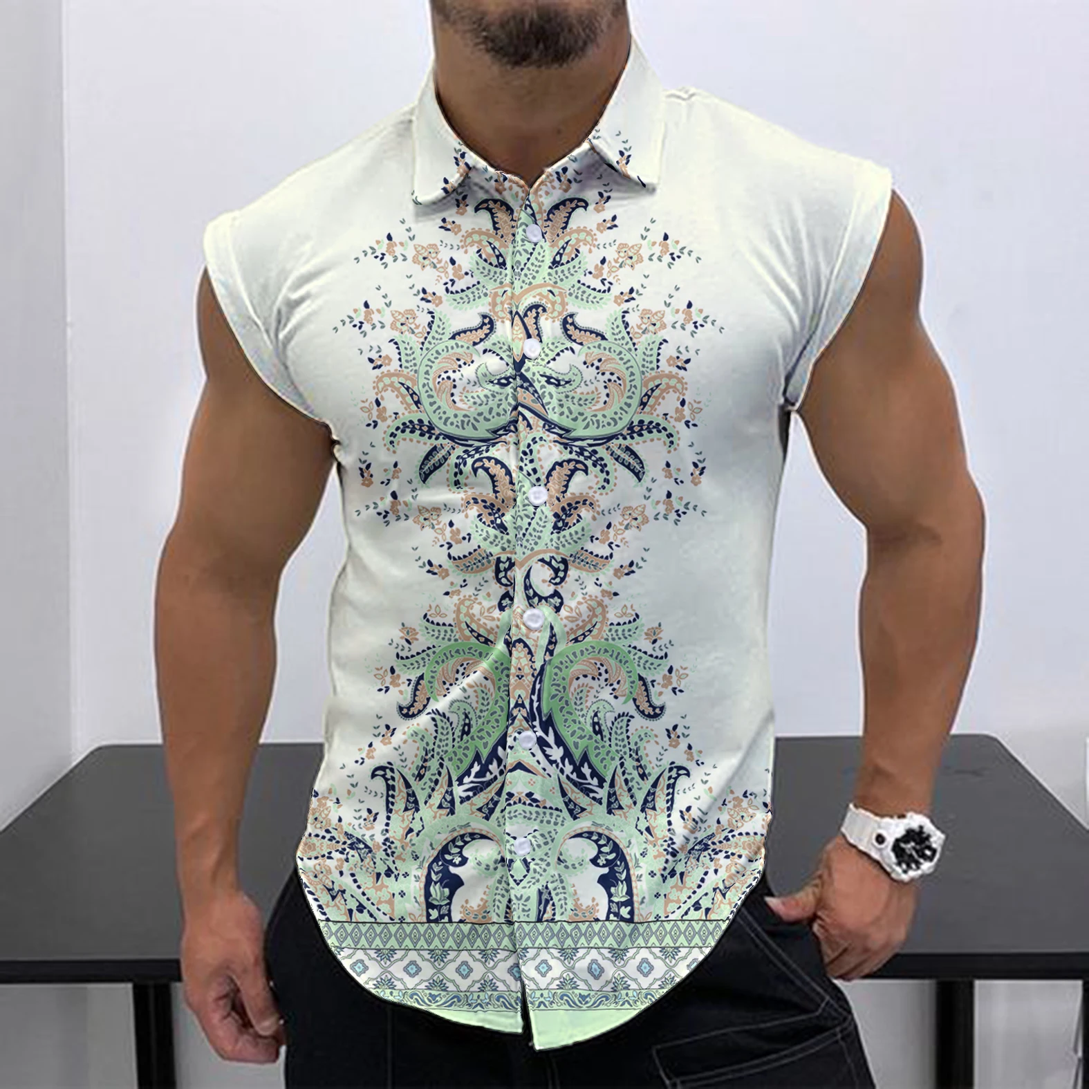 2023 Summer New Men\'s Sleeveless Shirt Fashion Trend HD 3D Printing Street Leisure Beach Holiday Party Button Quick Drying Shirt