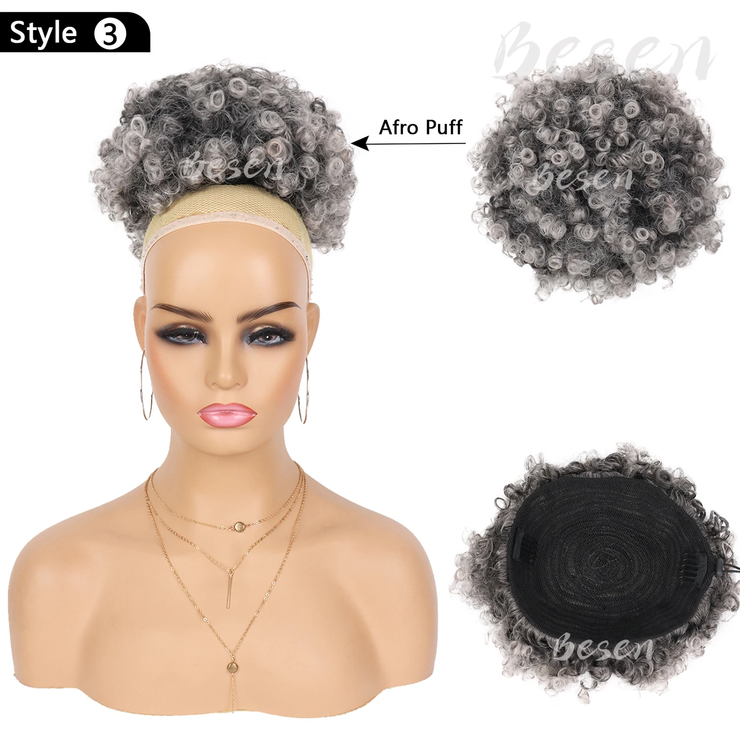 Syntetyczny kucyk Afro Puff ze sznurkiem i wymienną grzywką Szary Afro Puff Puff z 2-grzywką Klips do włosów w treski