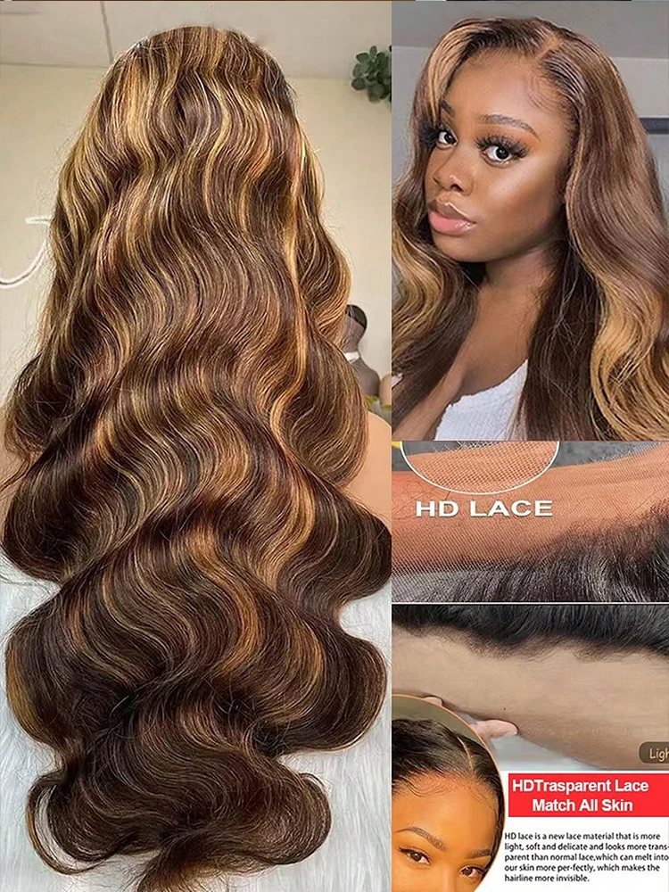 Highlight Body Wave 13x4 HD Lace Frontal Highlight Wig Human Hair 30 Inch Natural Brazilian Hair Wigs For Black Women