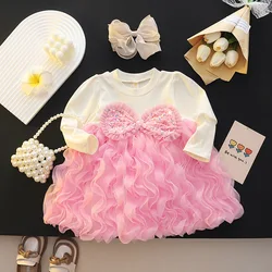 2024new girls' autumn dress Internet celebrity puffy pink mesh round neck long sleeve sweet princess style skirt