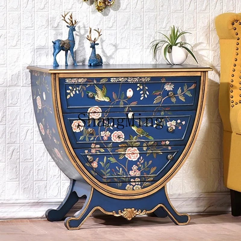 ZYY solid wood three-bucket cabinet retro painted entrance cabinet pastoral storage living room decorative locker