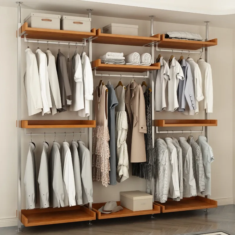

Metal wardrobe 2025 new popular household bedroom solid wood steel frame cloakroom open top-notch hanger