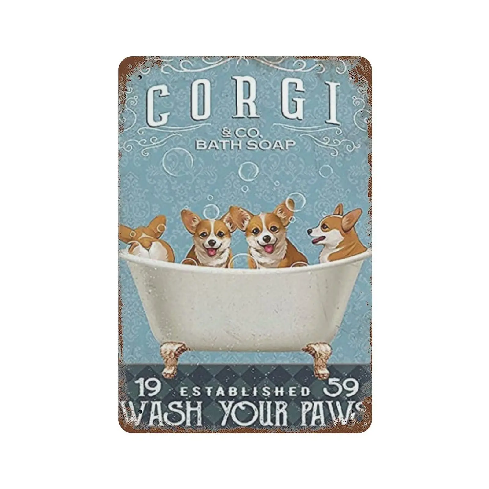 Habilboi Corgi & Co Bath Soap Established Wash Your Paws Corgi Lover Gift Dog Aluminum Metal Fun Bathroom Vintage Tin Signs 