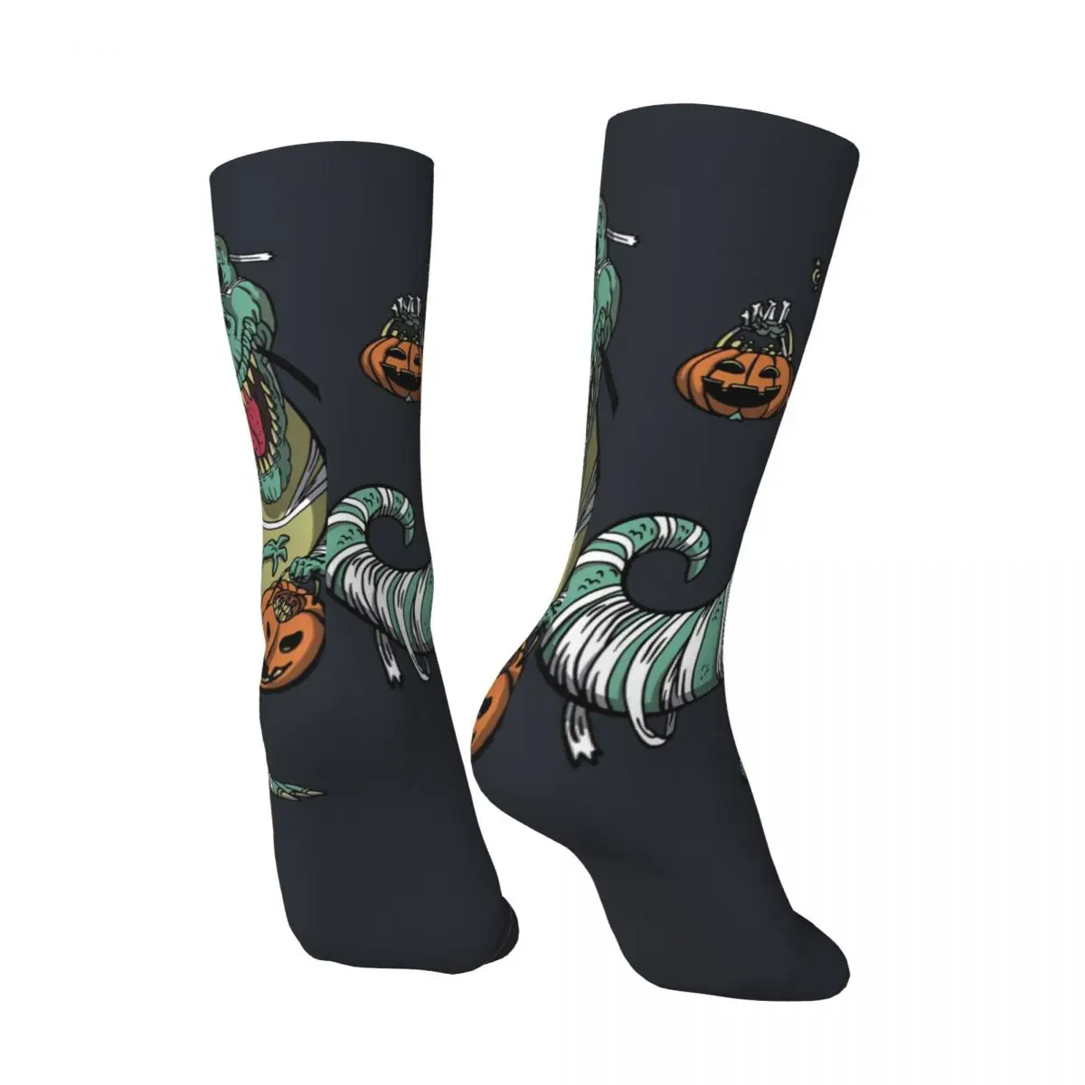 Happy Halloween Skeleton Riding Mummy Dinosaur T Rex Pumpkin Men's Socks Harajuku funny skeletons Seamless Crew Sock tops fugees