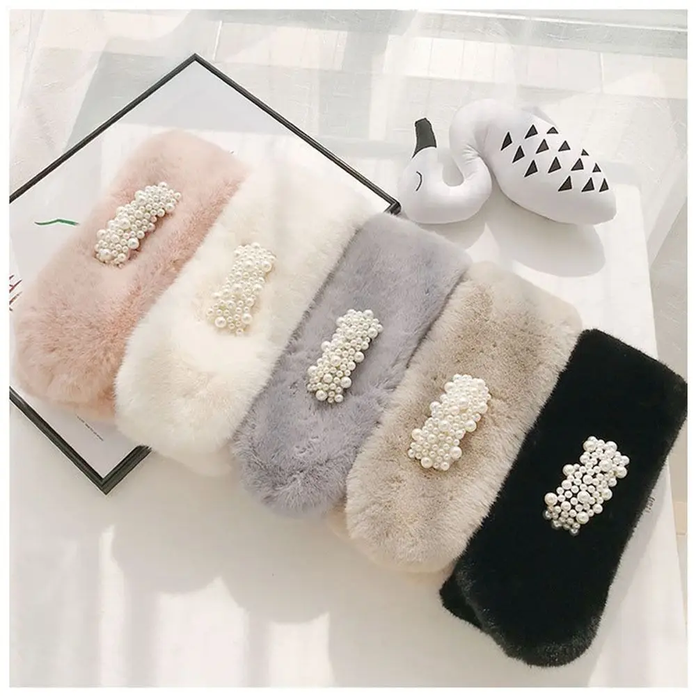 Winter Warm Thicken Pearl Cross Collar Scarf  Women Solid Color Faux Rabbit Fur Plush Elegant Shawl Scarfs Neck Warmer