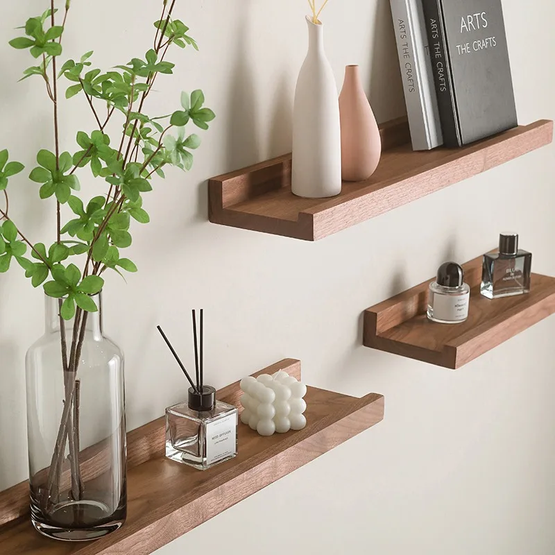 Linear partition shelf wall cherry wood black walnut simple non-slip shelf background wall hanging shelf
