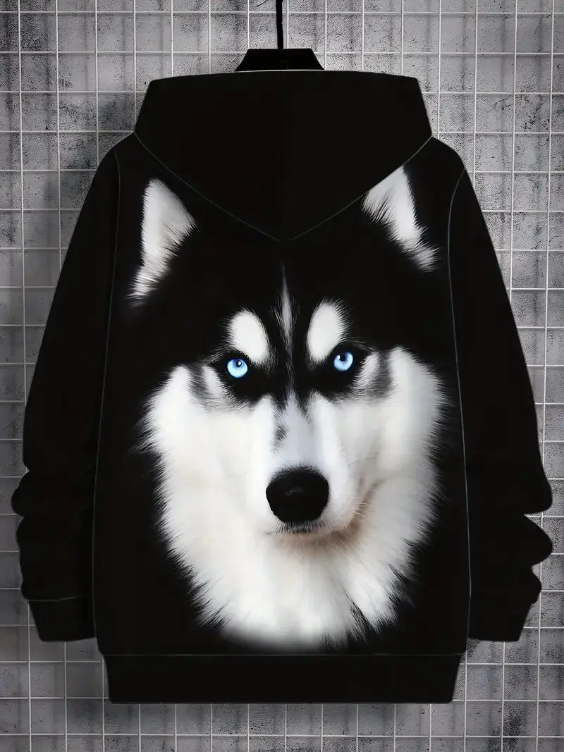 A new and stylish men's Husky print hoodie - a casual style long sleeve hoodie with a slight stretch, 100% polyester