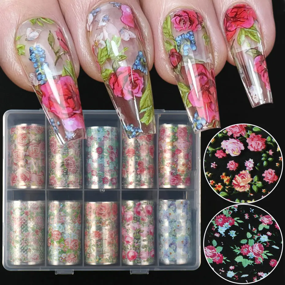 10 Rolls/box Rose Flower Nail Foil Transfer Sticker Plaid Nail Art Stickers Manicure Set for Spring Wedding DIY Nail Decoration