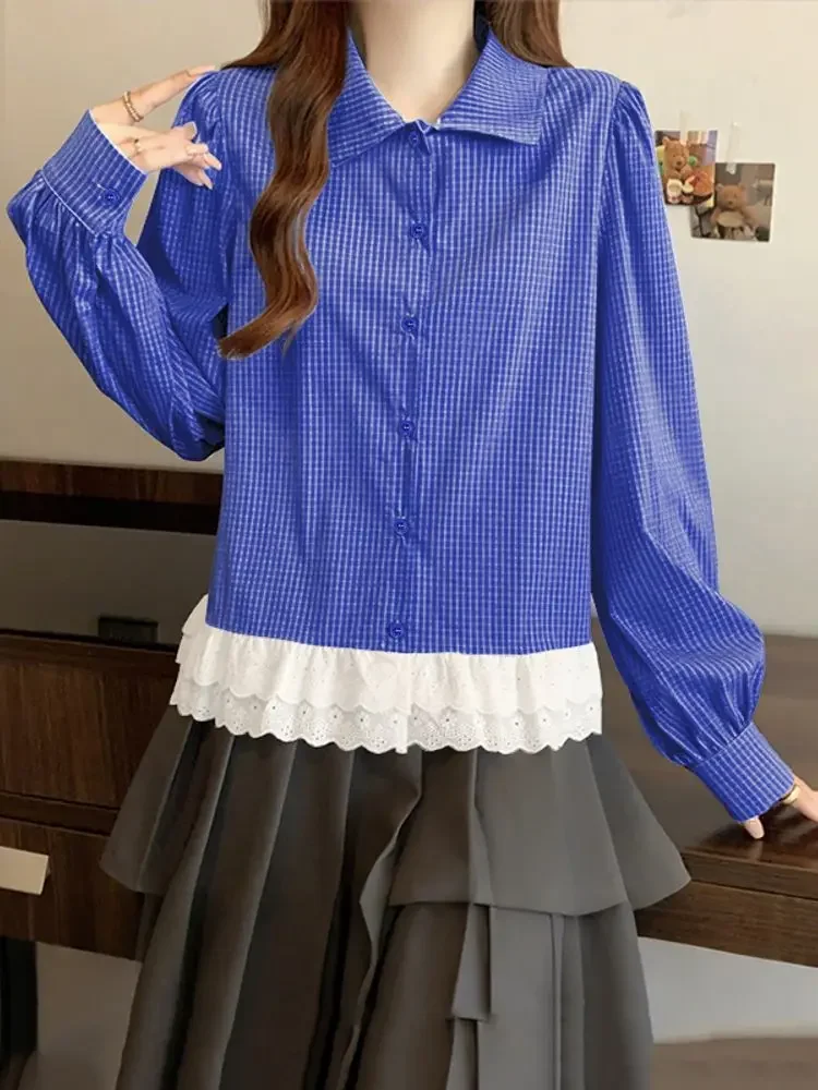 

VONDA Elegant Shirts Long Puff Sleeve Women Fashion Plaid Blouse 2025 Autumn Lace Patchwork Button Korean Tops Tunic Blusas OL