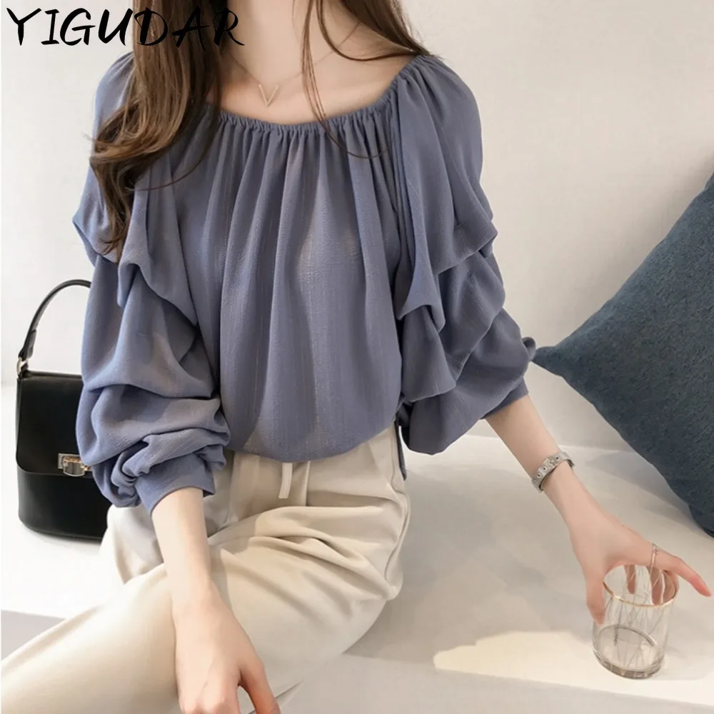 

New 2024 Vintage Women's Long Sleeve Top Chiffon shirt Women Puff Sleeve Elegant Appear thin Blouse Tee Shirt Korean Fashion
