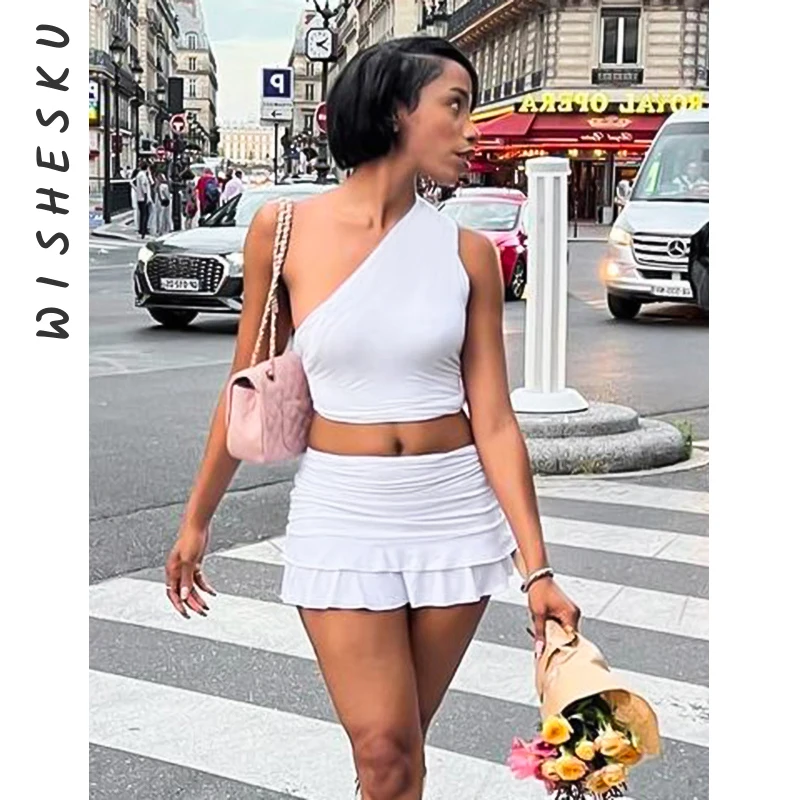 2 Two Piece Set Women Solid Color Outfits Sexy Slant Shoulder Crop Top+High Waist Ruffle Skinny Mini Skirt 2024 Summer Clothes