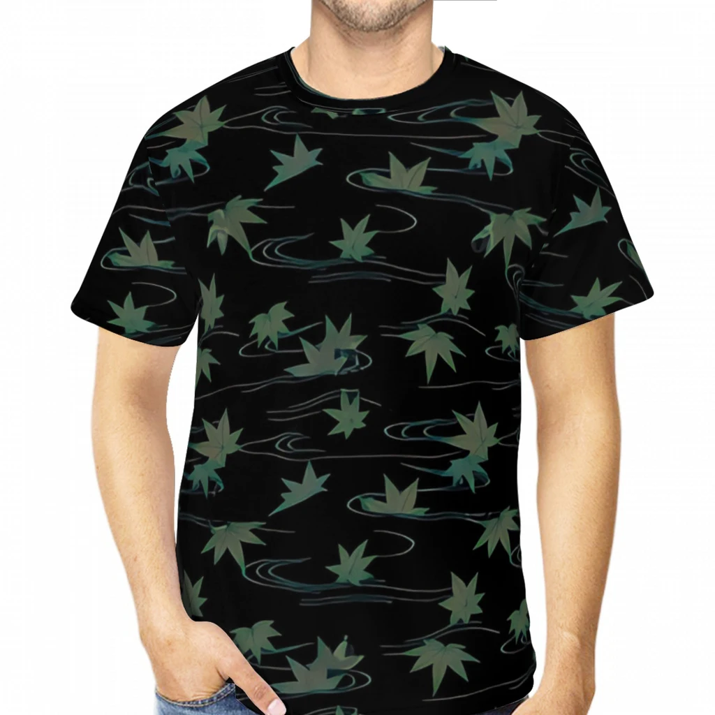 Black Momiji Maple Leaves Seamless Geometric Pattern Polyester 3D Print Japanese Art Tattoo Men's T Shirt Clothes Loose Tees