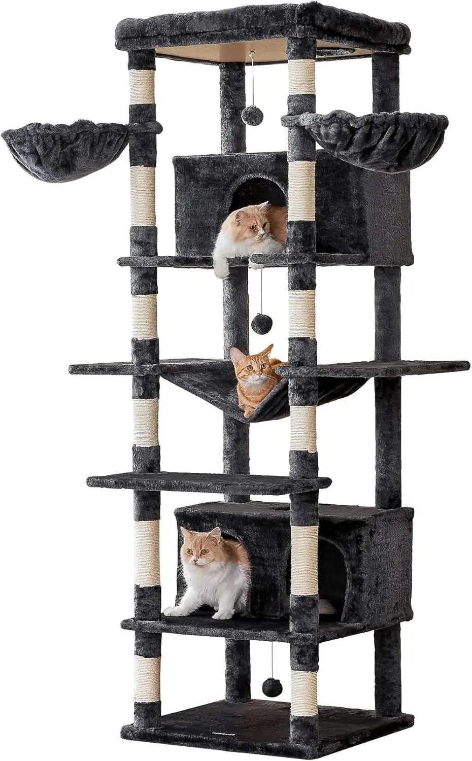 Indoor Cat Tower, Sisal and Plush Material, Smoky Grey, 77.6-Inch Tall with 2 Condos, 3 Hammocks, Wide Perch and Dangling Toys