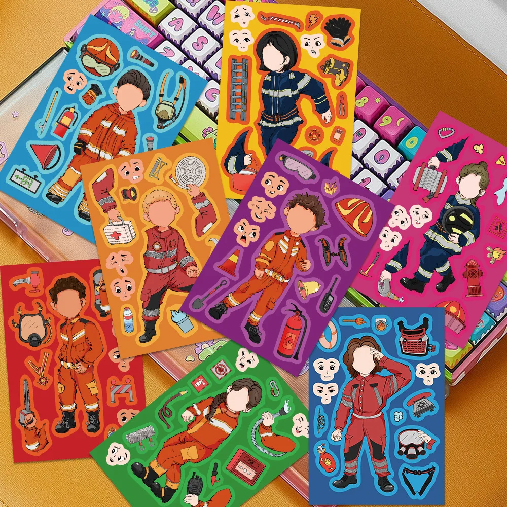 8/16Sheets Cartoon Firefighter Make a Face Puzzle Stickers Kids Toy Jigsaw Assemble Funny Decals DIY Game Party Gifts Decoration