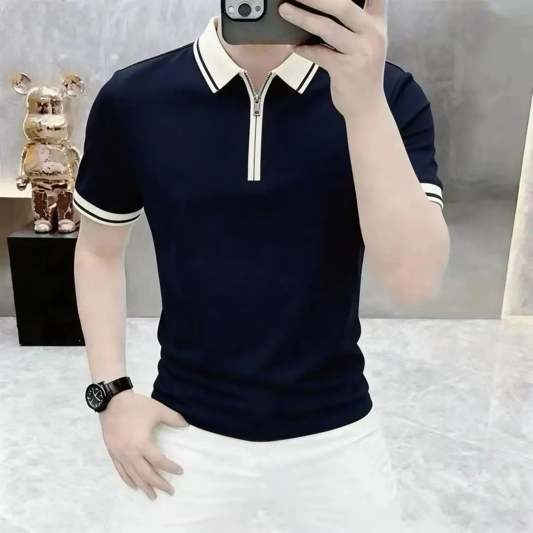 2026 Summer Short Sleeved Polo Shirts Men Fashion Casual T-shirt Slim Fit Half Zip Social Office POLO Top Men Clothing