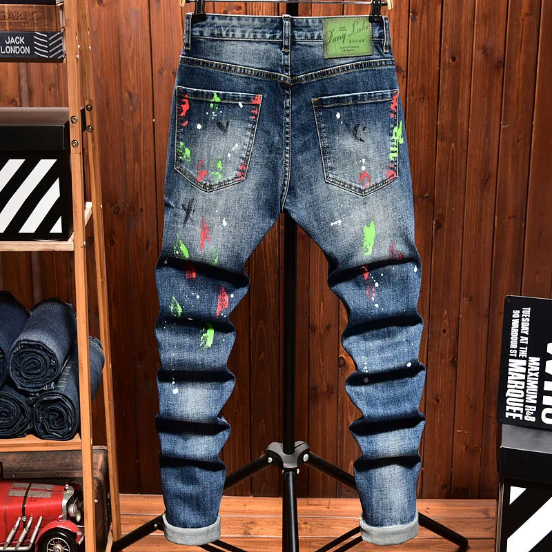 

Мужские джинсы с краской, струйная печать, перфорированные нашивки, модные модные бренды, мужская одежда, эластичный облегающий крой, маленькие.