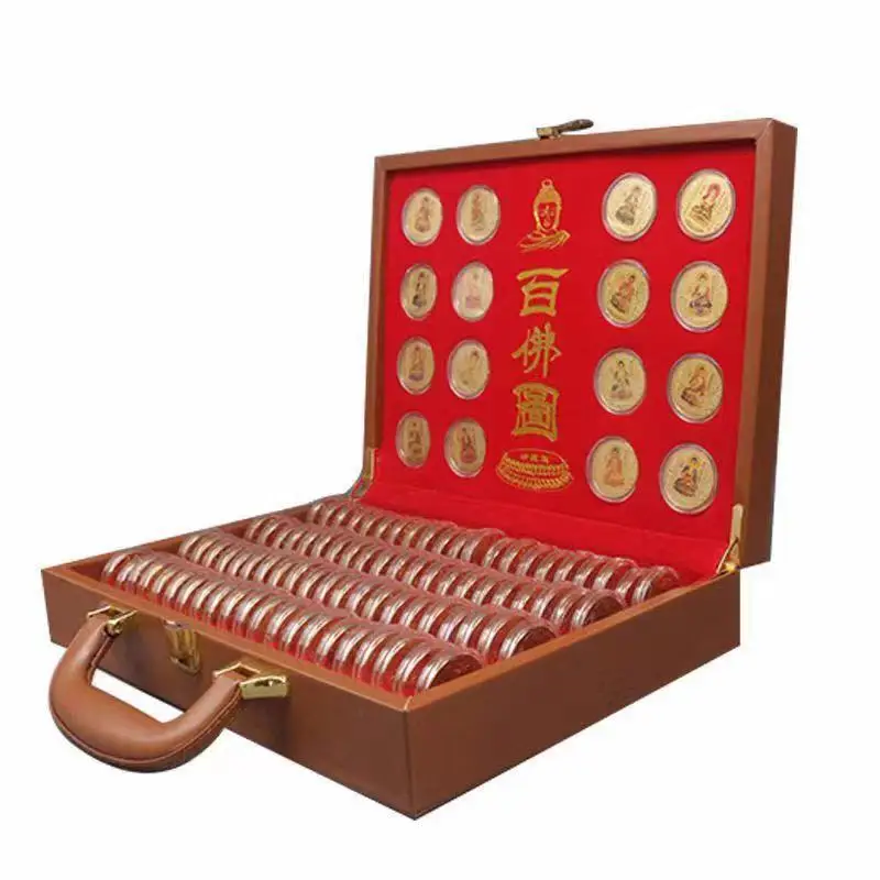 Factory Direct Sale Hundred Buddha Figures Commemorative Medal Collector's Edition Ancient Silver Commemorative Medal Wooden Box