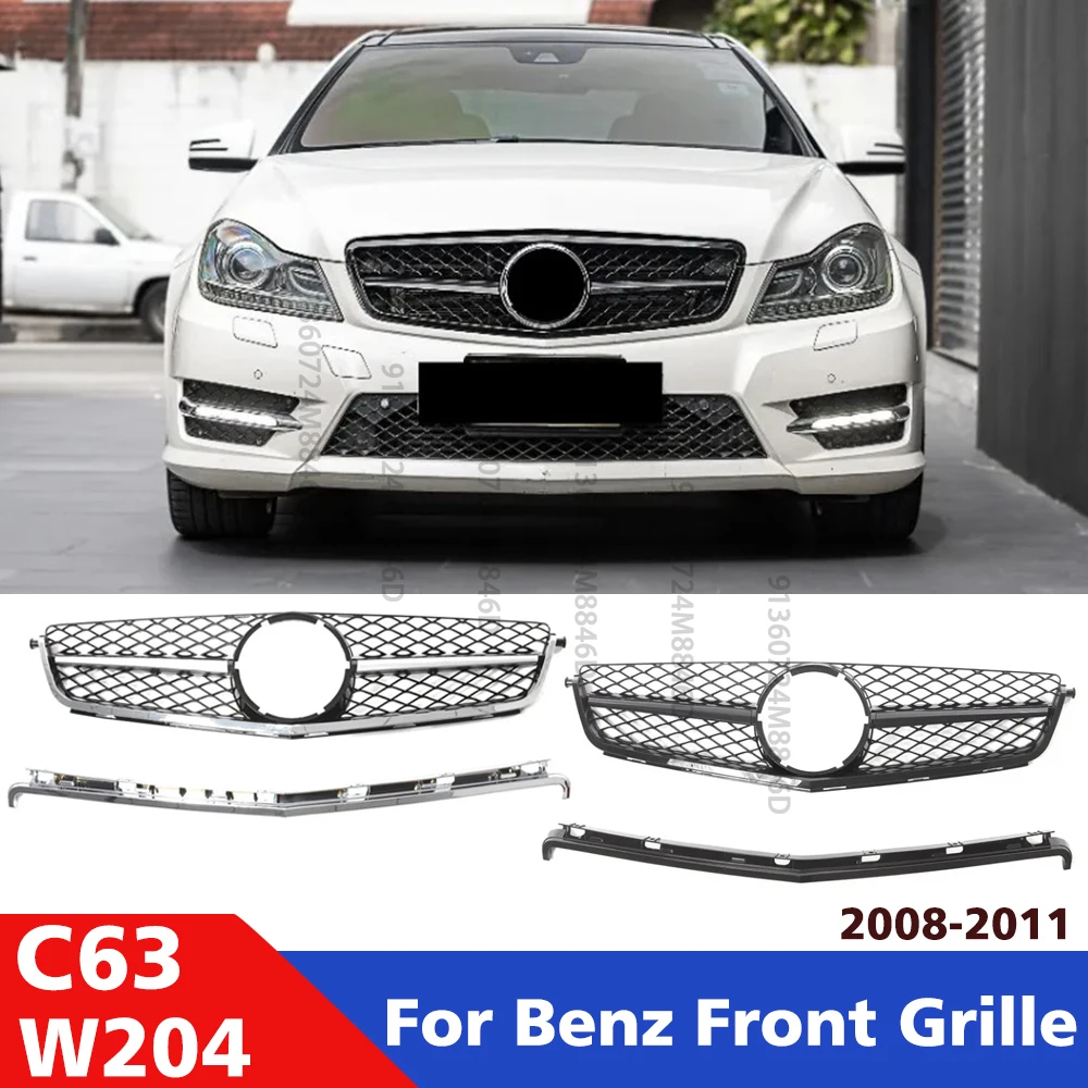Front Grille Glossy Black Mesh For Mercedes C-Class W204 2008-2011 C63 AMG Bumper Grill with Chrome Frame Exterior Styling
