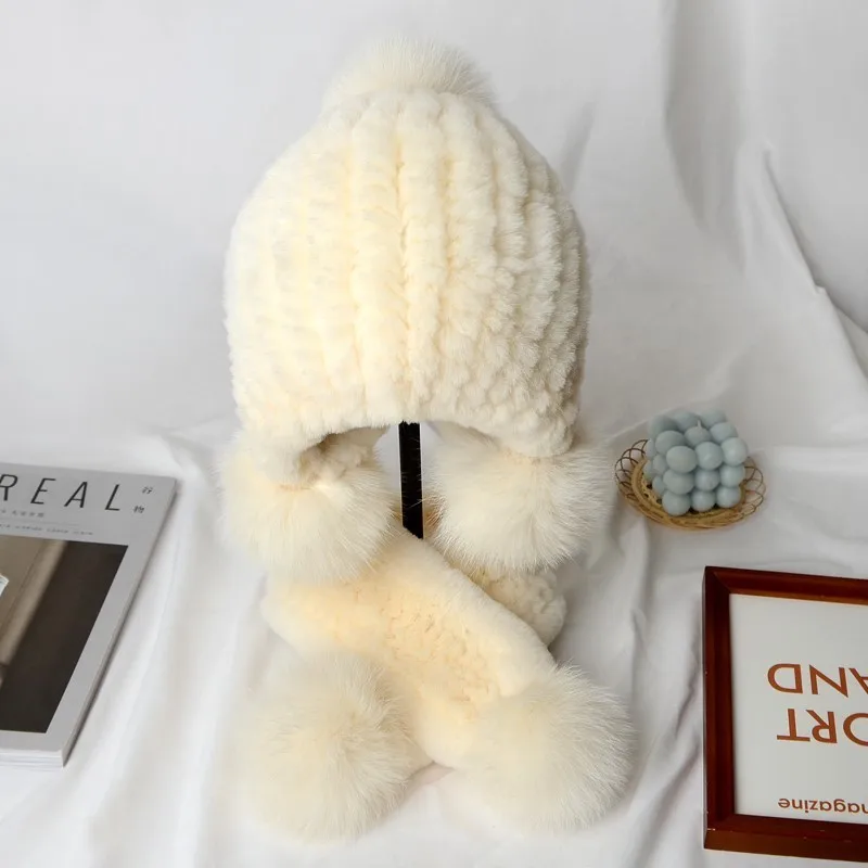 الأطفال الشتاء الدفء ريال ريكس أرنب الفراء قبعة وشاح مجموعات الفتيان والفتيات محبوك سميكة 100% ريال ريكس أرنب الفراء قبعة الأوشحة #2