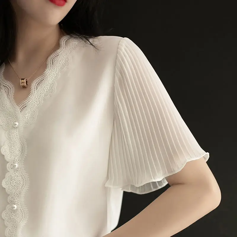 Spring Summer New Fashion Solid Color Chiffon Shirt 2022 V-Neck Short Sleeve Lace Pullover Shirt Korean Elegant Casual Blouse