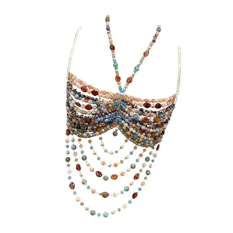 

G5GC Adjustable Hollow Beaded Artificial Pearls Body Chain Strap Top For Women Party Music Festival Beach Holiday Bustier