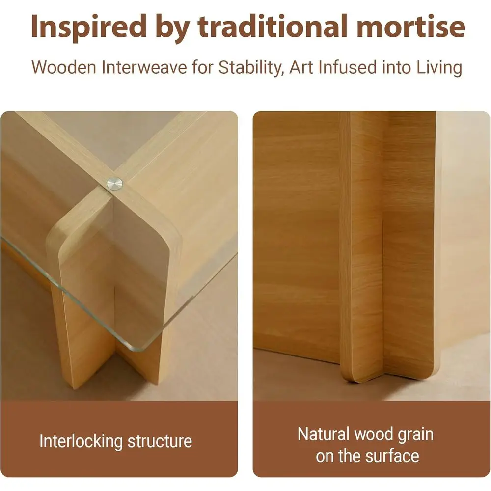 طاولة قهوة فنية مستطيلة من الزجاج المقسى مع قاعدة خشبية هندسية لمساحات المعيشة البسيطة #5