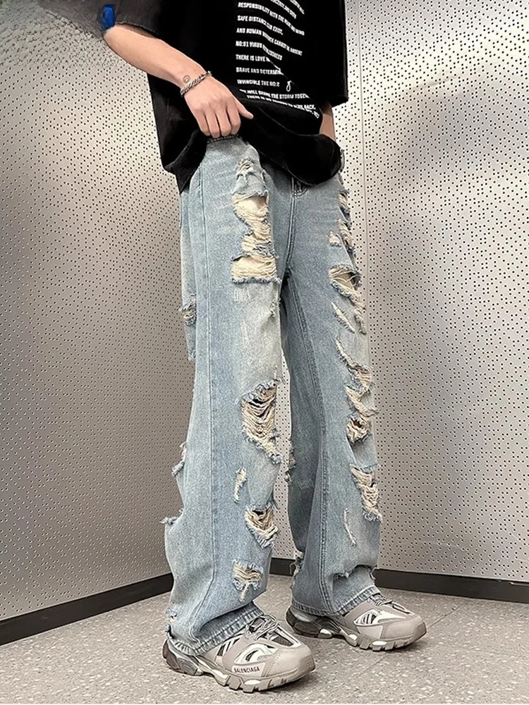 

Модные мужские рваные джинсы, летняя новинка, свободные, в американском ретро-стиле, широкие прямые брюки, повседневные, с низкой посадкой, на молнии, из полиэстера