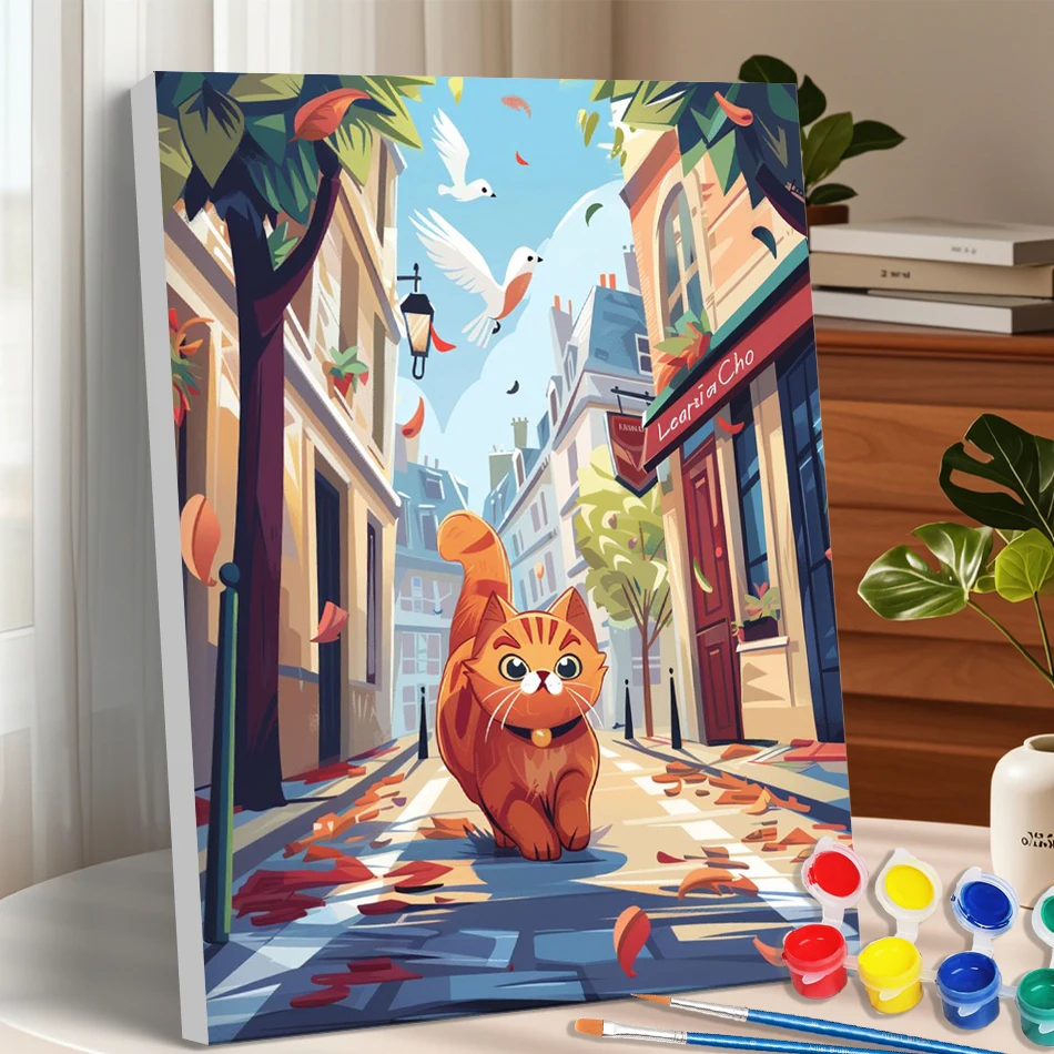 GATYZTORY Painting By Numbers Canvas Paint Kit Art Crafts Decorative Paintings Autumn Orange Cat Illustration Bedroom Decoration
