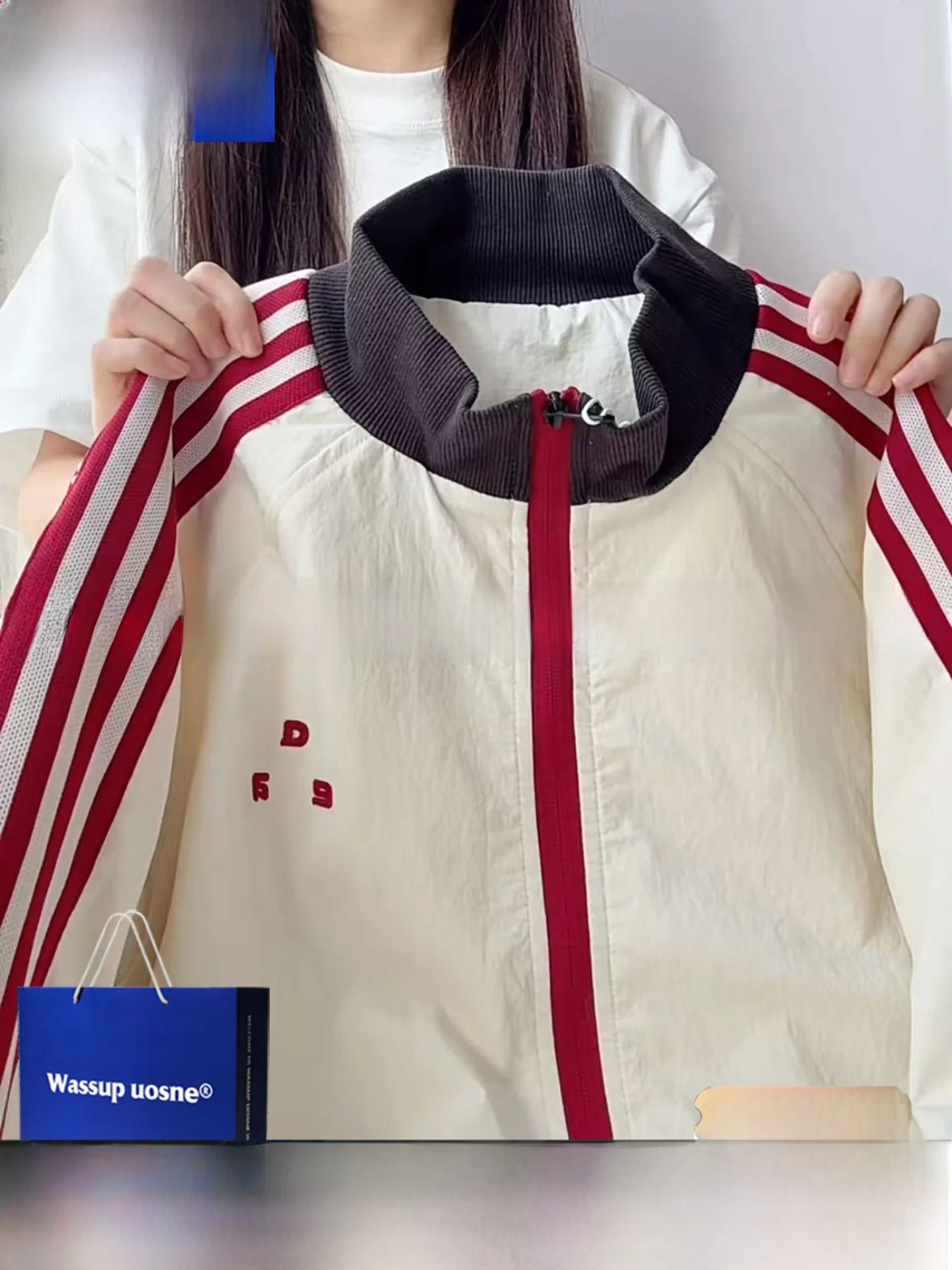 

Retro American Color Blo Striped Stand Collar Sports Casual Jaet Women's Loose Versatile Baseball orm Autumn New Sle