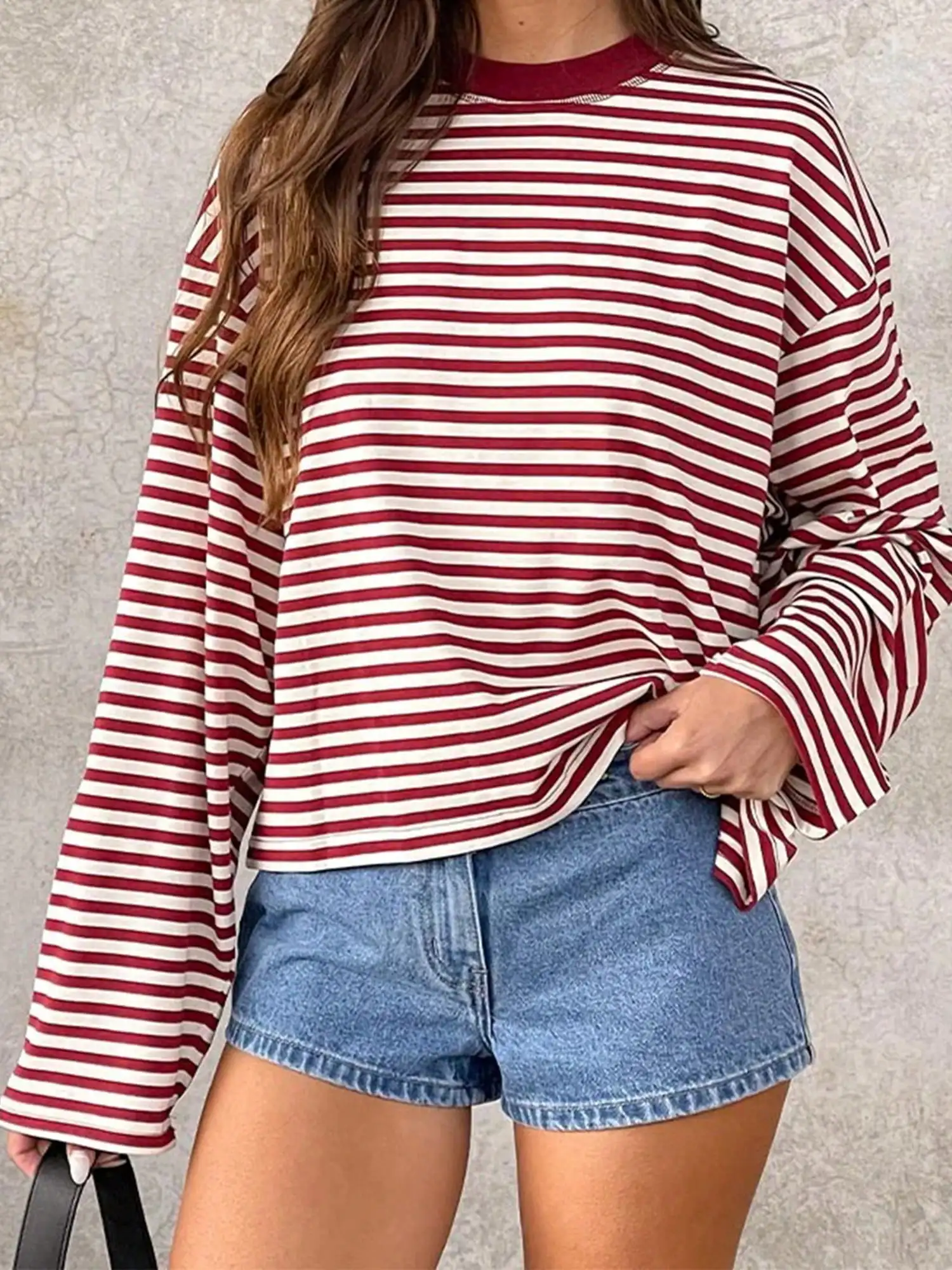 

Women's Oversized Red and White Striped Long Sleeve Crew Neck Top