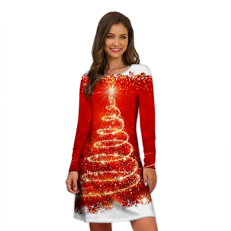 2022 Autumn Christmas Elk Print Dresses Ladies Elegant Long Sleeve Party Dress Casual Santa Claus Snowflake Mini Oversized Dress