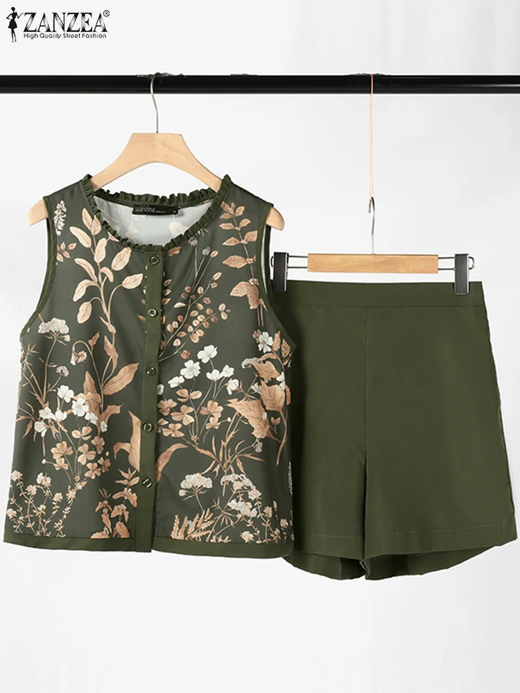 ZANZEA Casual Sleeveless Floral Tank Tops 2-Piece Sets Summer Holiday Solid Shorts Women 2pcs Outfits Bohemian Shorts Suits