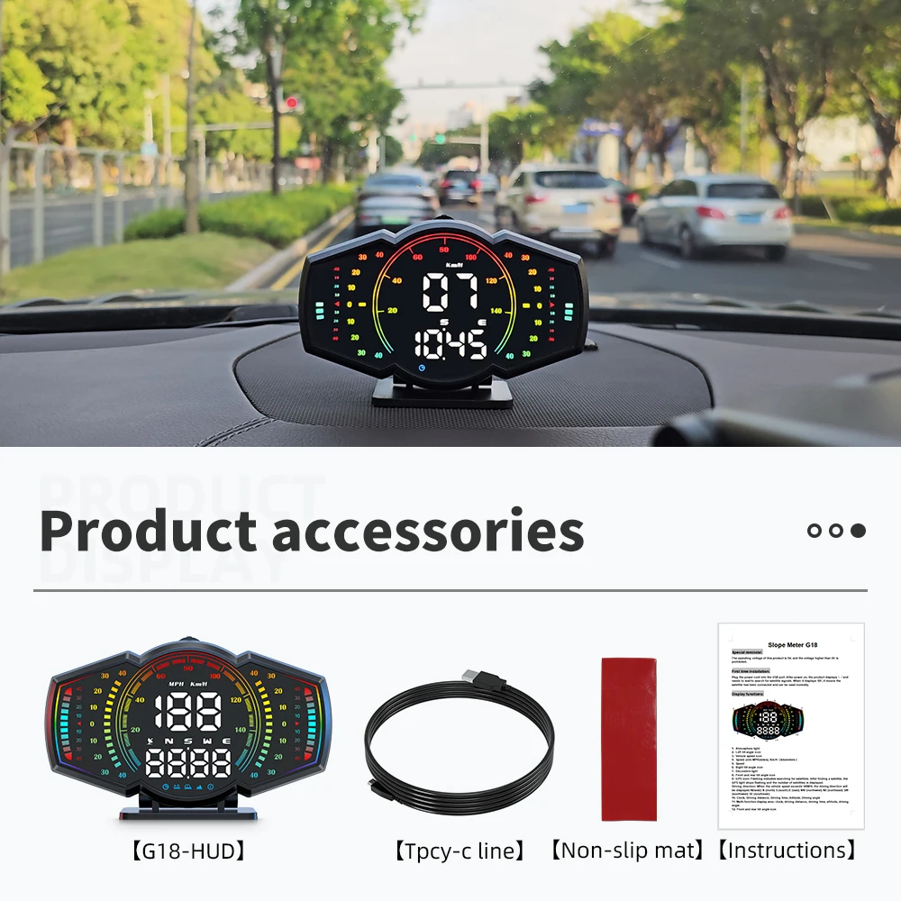 G18 Car HUD Smart Digital Speed Head Up Display KMH MPH GPS Speedometer Slope Meter with Overspeed Alarm Compass Car Clock Time