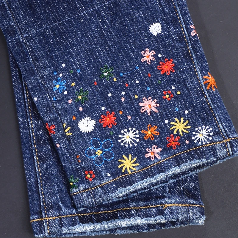 

Designer Street Fashion Men's Jeans High Quality Retro Light Blue Elastic Tight Split Style Jeans Men's Embroidered Hip Hop Bran
