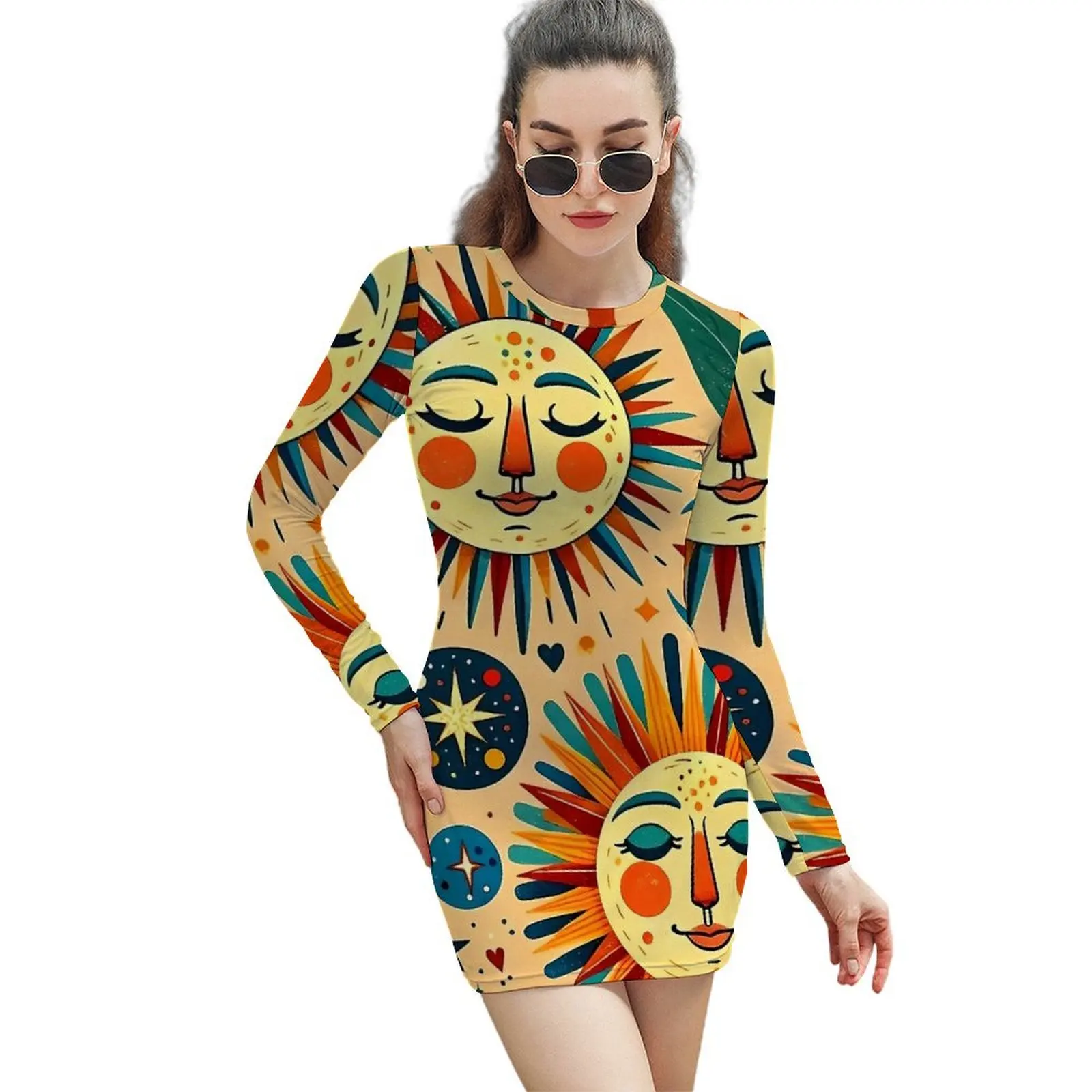 Suns  And Moons Celestial Print Bodycon Dress Ladies Trendy Dresses Holiday Long Sleeve Fashion Design Dress Big Size 2XL