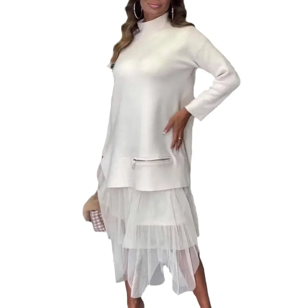 Autumn Winter Women\'s Casual Mesh Splicing Dress Long Sleeve Solid Color Fashion Dress