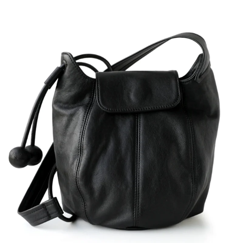 Japanese Korean Style Tassel ball Small Pumpkin Bucket Bag Trendy Cow Leather Female Crossbody Bag Daily-use Purse