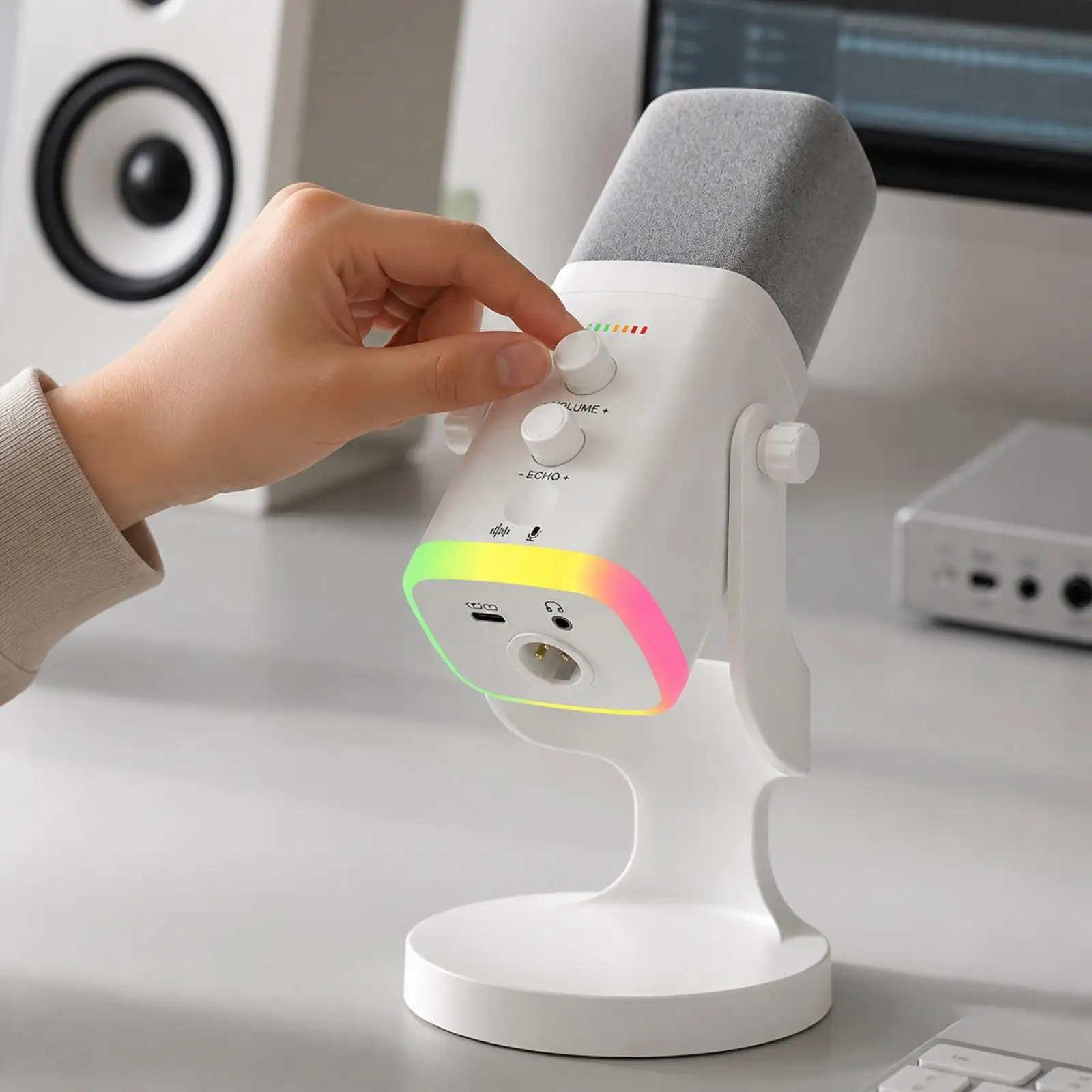 Cardioid USB Desktop Microphone for Gaming Podcast Studio Recording with RGB Light Band and Adjustable Stand