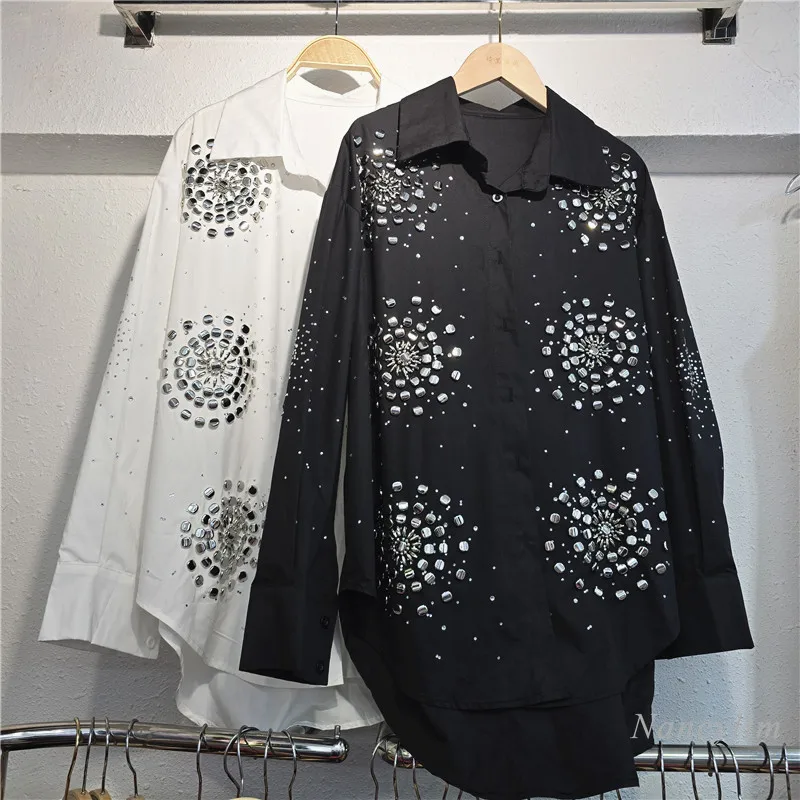 European Style Top for Woman 2024 New Heavy Embroidery Hot Drilling Handmade Beaded All-Match Loose Long Shirts and Blouses