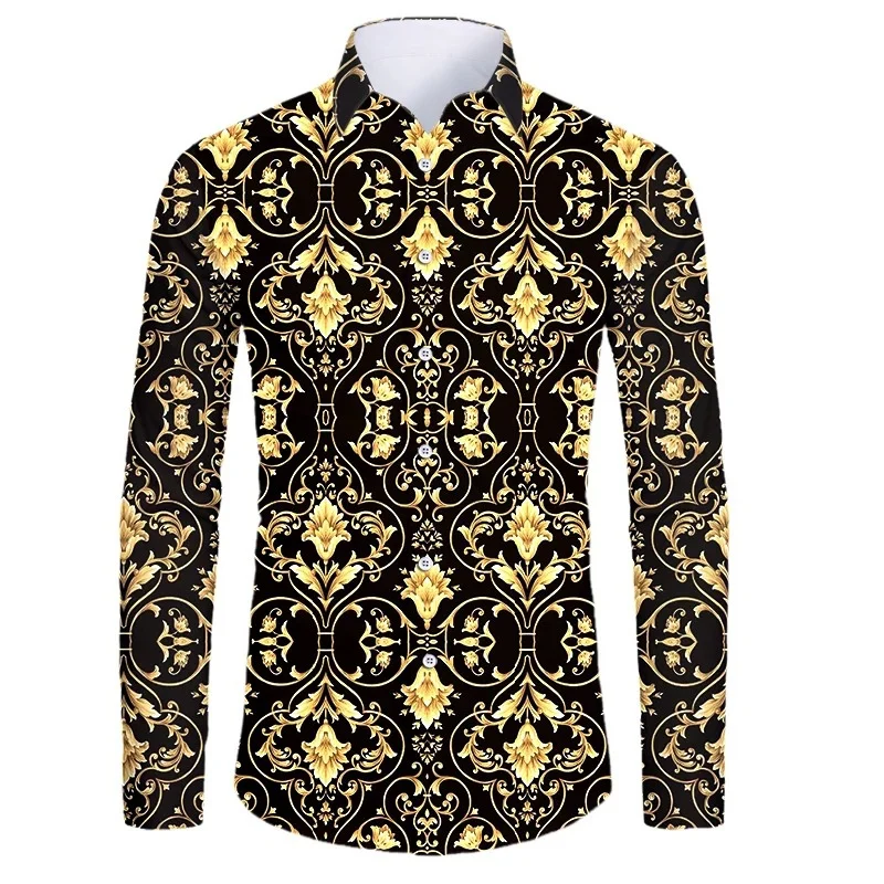 High End Luxury Golden Pattern 3D Printed Short_Full Sleeve Button-down Shirts For Men Street Style Trendy Tops Hip Hop Outfits