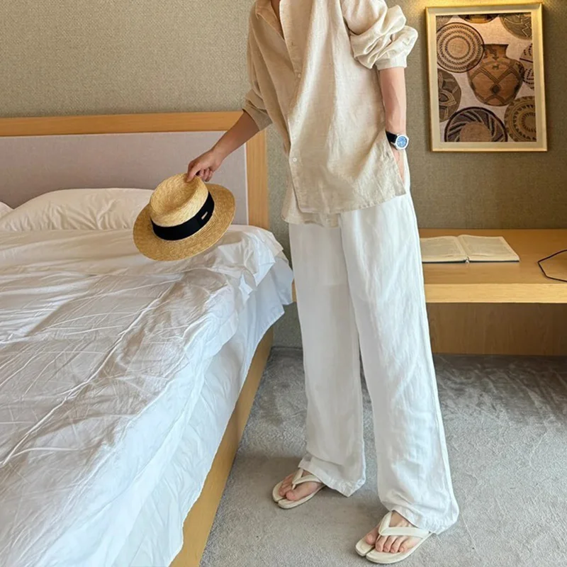 Light Luxury High-End Old Money Style White Tencel Linen Pants Men's Summer Wide-Leg Pants Relaxed Casual Pants