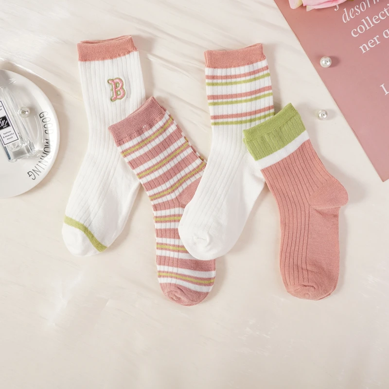 

Pink White Series Sweet And Cute Striped Letter Girls Socks For Middle School Students Soft And Comfortable Sports Casual Socks