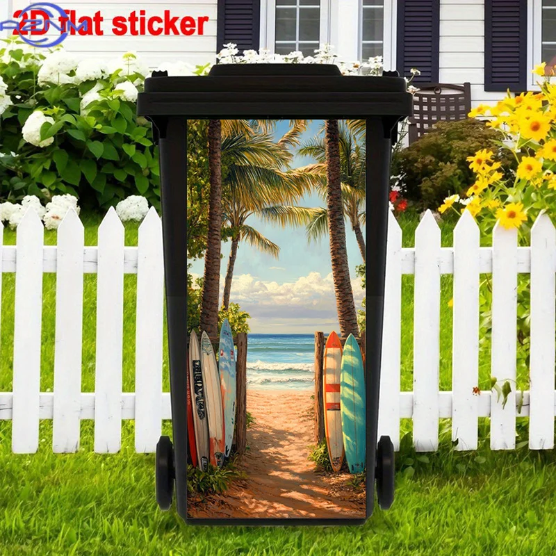 Beach Scene Trash Can Stickers Art, Tropical Vibe Peel and Stick Stickers, Palm Trees Trash Can Stickers Decor, Surfboards Tra