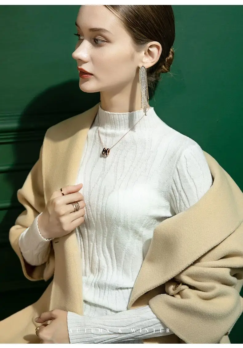 بلوفر نسائي بياقة قائمة محبوكة ، صديق للجلد ، قميص سفلي مريح ضيق ، أحادي اللون ، الخريف والشتاء