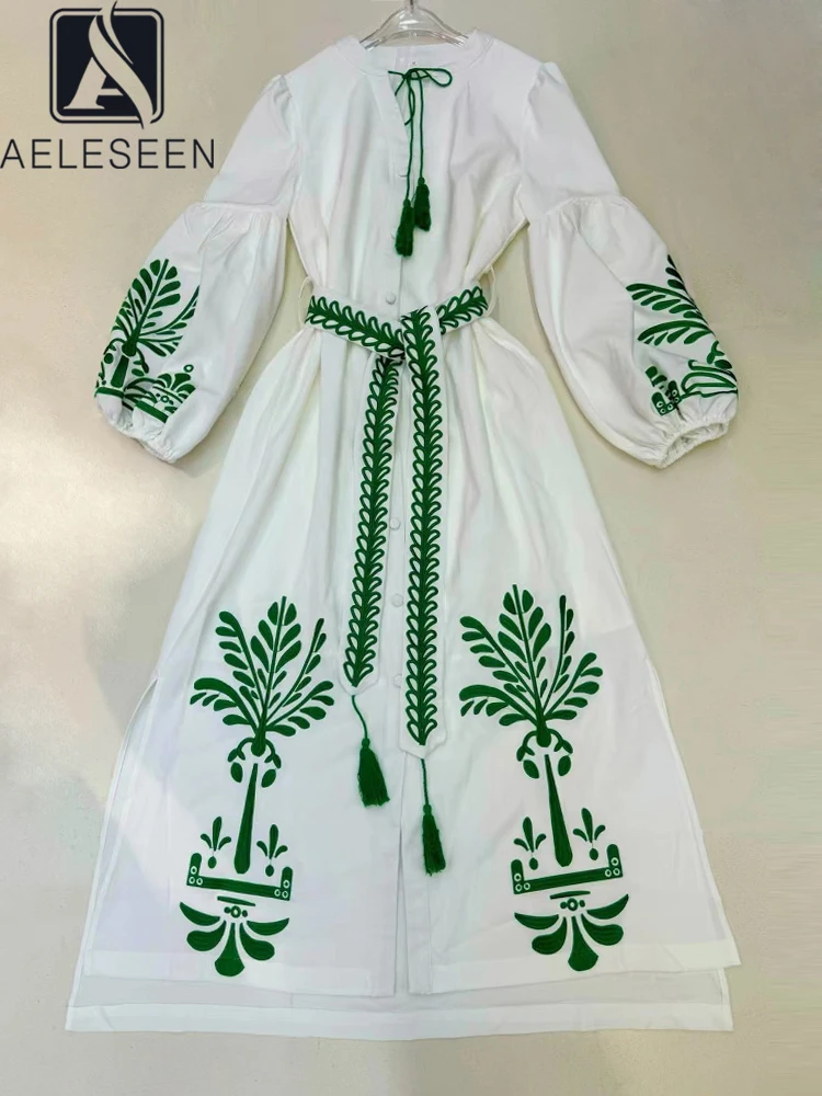 

AELESEEN Fashion Runway Long Dress Women Lacing Up Lantern Sleeve Spring Summer Flower Embroidery Single-breasted Belt Elegant