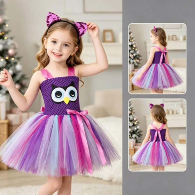Purple cartoon owl themed girls dress for toddlers, fluffy tulle ballet skirt with headband, Halloween  performance costume