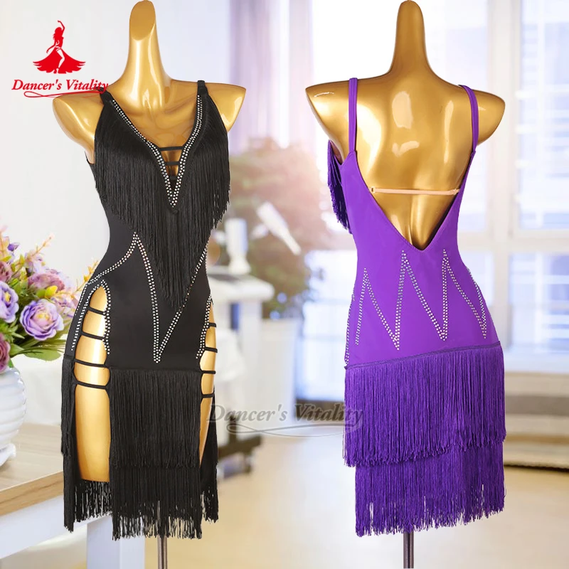 

Платье без рукавов для латинских танцев с высоким разрезом, индивидуальная танцевальная жизненная сила для взрослых женщин, чача, сексуальная одежда для тренировок и выступлений с глубоким V-образным вырезом