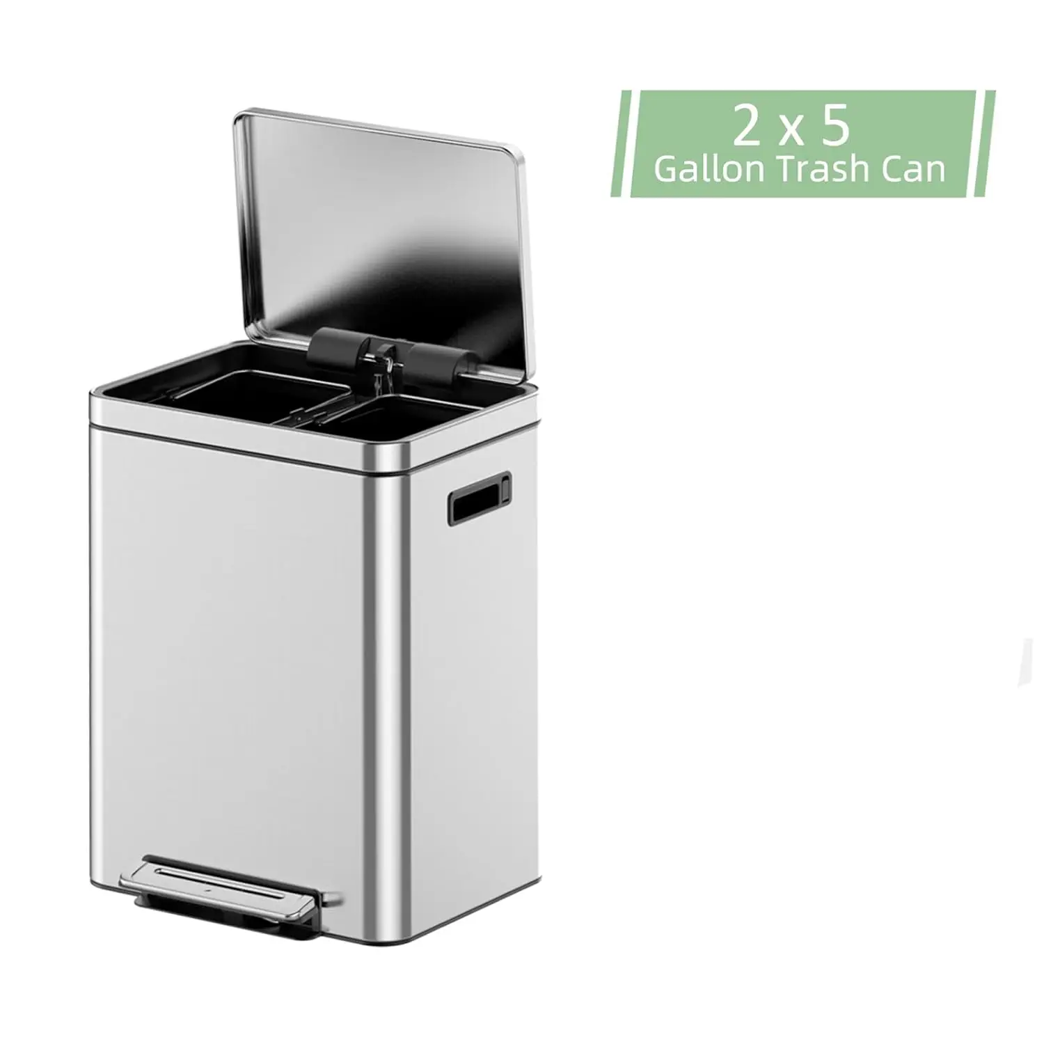 Dual Trash Can, Rectangular Waste Basket with Metal Lid & Step Foot Pedal, Double Compartment Classified Garbage Can, Stainless